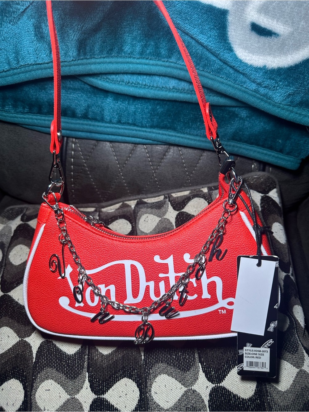 Von Dutch Red Mini Shoulder Bag with Script Logo and Chain